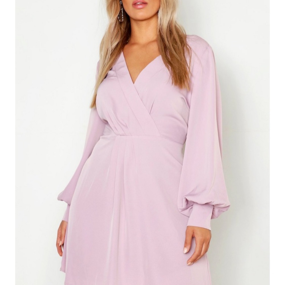 Plus wrap balloon sleeve skater dress blush
